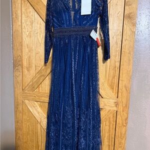 Mac Duggal Navy Blue Lace Maxi Dress